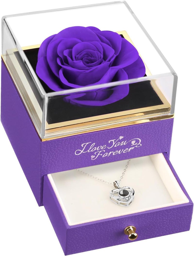 ASELFAD Preserved Flowers Real Purple Rose with I Love You Necklace - Eternal Rose Gifts for Her at Valentine's Day, Mother's Day, Christmas, Anniversary or Birthday - Image 1